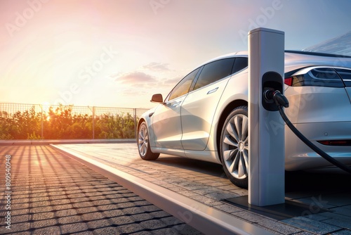 A sleek and modern electric car parked at a charging station with a picturesque sunset backdrop  highlighting the blend of innovative technology and natural beauty.