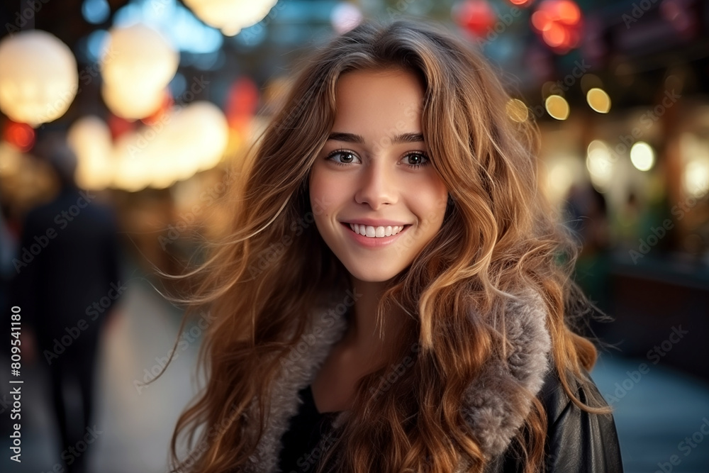 Portrait of a beautiful girl with curly hair on a background of colored lights Portrait of a beautiful girl with curly hair on a background of colored lights