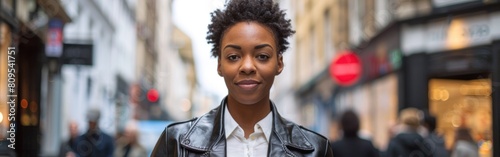Black woman with short hair wearing a leather jacket stands on the urban street