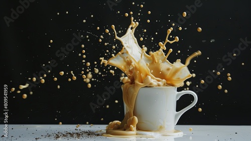 Splash of coffee in a white cup on a black background.