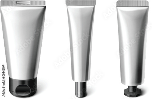 Cosmetic cream tubes set isolated on white background. Vector realistic illustration of silver plastic package for body lotion, toothpaste, shampoo, medical ointment with blank cap, branding mockup