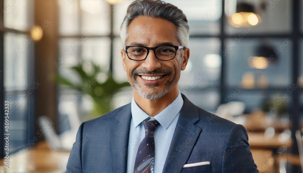Portrait of a proud smiling confident middle aged hispanic businessman in office. Elegant, stylish, corporate leader, successful CEO executive manager Portrait of a proud smiling confident middle aged hispanic businessman in office. Elegant, stylish, corporate leader, successful CEO executive manager