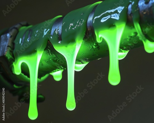 Glowing green sludge oozing from a pipe, super realistic