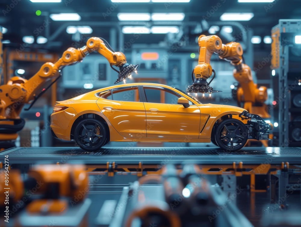 High-tech robotic arms assembling an electric car in an advanced automotive manufacturing plant.