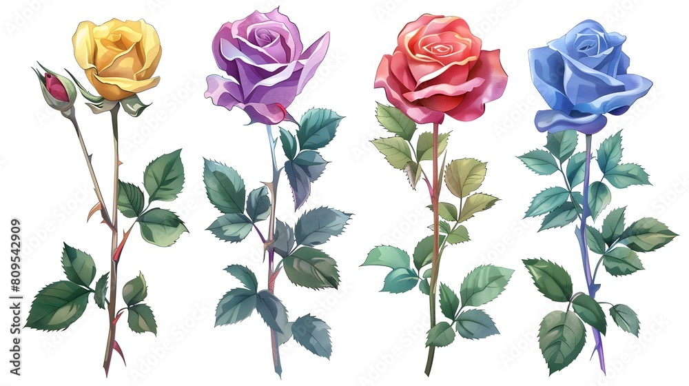 set of multicolours roses with leaves on long stems