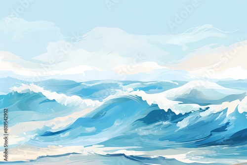 The photo shows a beautiful beach with blue sea waves and white clouds in the sky.
