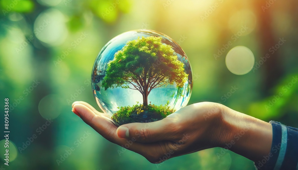 Hand holding glass globe with tree inside on blurred green nature background Hand holding glass globe with tree inside on blurred green nature background