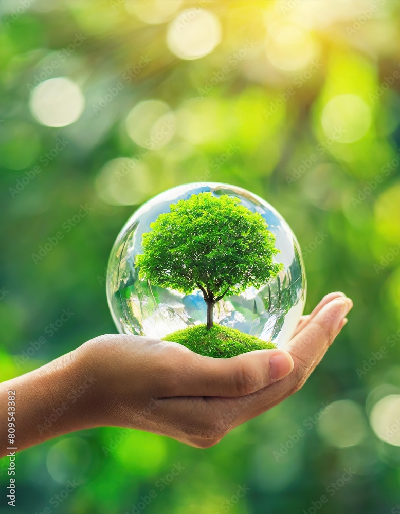 Hand holding glass globe with tree inside on blurred green nature background Hand holding glass globe with tree inside on blurred green nature background