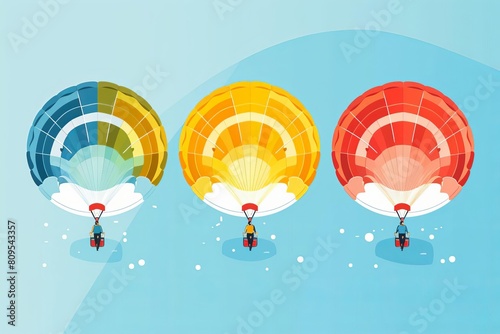 Three parachutes in the sky. The first one is blue and white, the second one is yellow, and the third one is red and white. photo