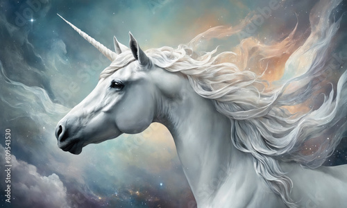 Fantasy Illustration of a wild unicorn Horse. Digital art style wallpaper background in pastel colors. © Roman