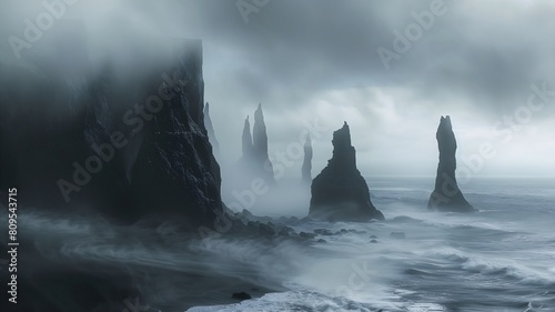  A rugged coastal landscape with towering sea stacks rising from the turbulent ocean, shrouded in mist under a moody sky. . 
 photo