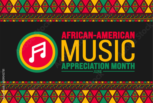 June is African American Music Appreciation Month or black music month geometric shape pattern background and music icon template. Holiday concept. use to background, banner, placard, card, and poster