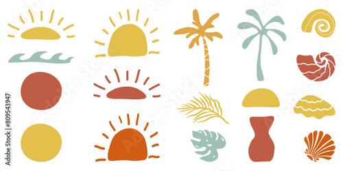 Retro Groovy Surf Club in trendy Boho style. Naive Geometric Summer Palm Tree. Simple background of sun sea. Retro Summer Beach Hand Drawn isolated illustration. Vintage Surf Club. Vector illustration (ID: 809543947)