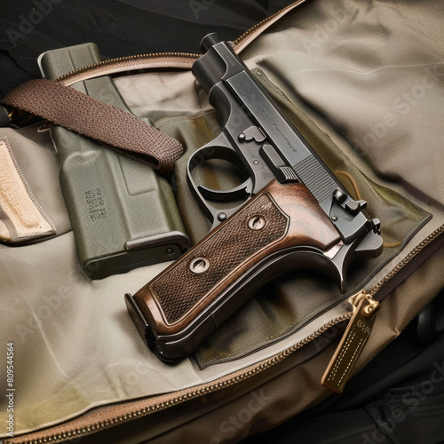 Tension-filled imagery of gun in bag, super realistic