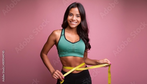 Portrait of a satisfied brunette fitness woman holding measuring tape around her waist isolated over pink background  © Marko