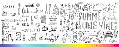 Collection of hand drawn cute doodles Doodle children drawing Sketch set of drawings in child style Funny Doodle Hand Drawn Page for coloring  cute animal Foods doodles hand drawn  vector 