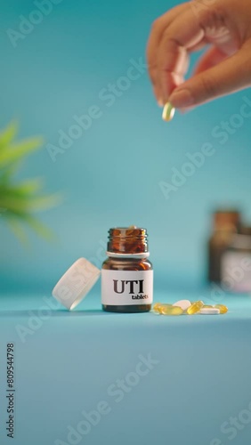 VERTICAL VIDEO OF HAND TAKING OUT UTI TABLETS FROM MEDICINE BOTTLE