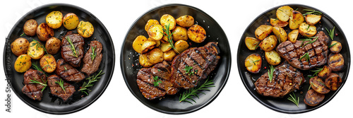 Set of black plate of grilled beef steaks and potatoes top view isolated on a transparent background