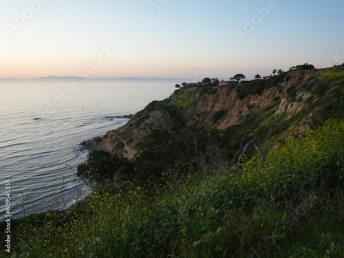 View to Pacific Ocean during the sunset in Palos Verdes Estates Shoreline in California
