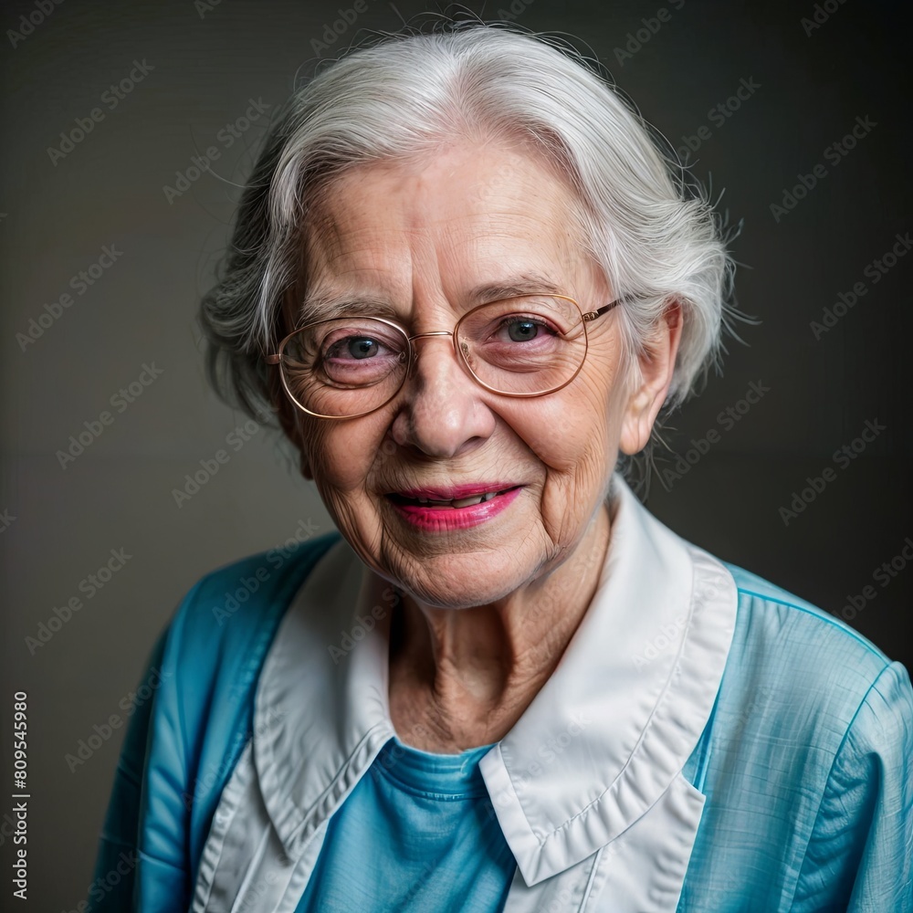 Elderly lady in floral cardigan and glasses, smiling happily for the camera