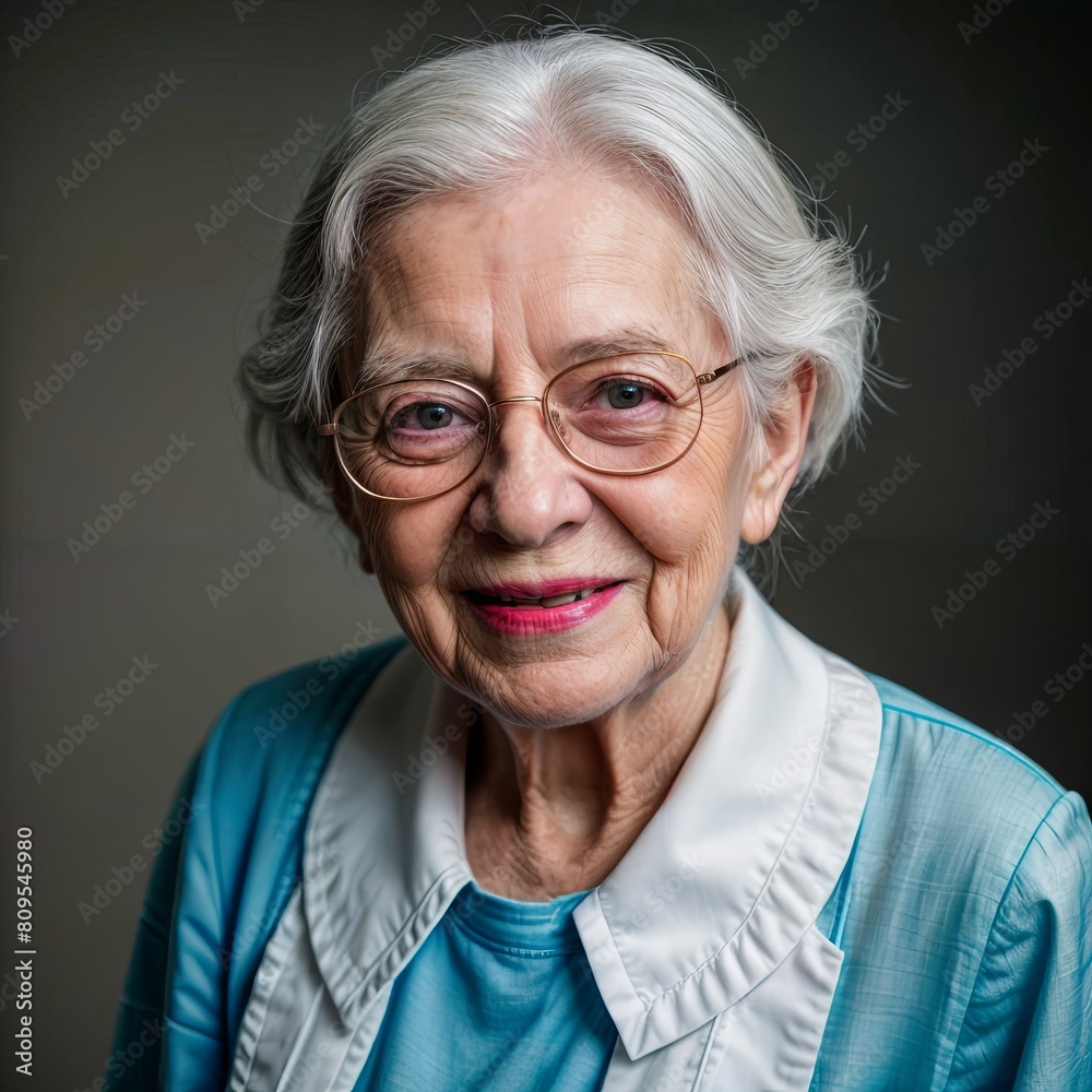 Elderly lady in floral cardigan and glasses, smiling happily for the camera Elderly lady in floral cardigan and glasses, smiling happily for the camera