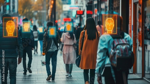 Walking business people are tracked with CCTV AI facial recognition technology