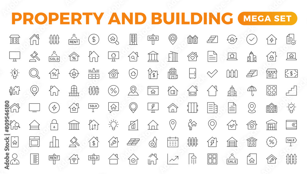 Set of line icons related to real estate, property, buying, renting, house, home. Outline icon collection. Vector illustration.Real estate Big UI set in a flat design. Thin outline pack. Set of line icons related to real estate, property, buying, renting, house, home. Outline icon collection. Vector illustration.Real estate Big UI set in a flat design. Thin outline pack.