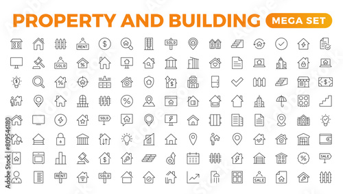 Set of line icons related to real estate, property, buying, renting, house, home. Outline icon collection. Vector illustration.Real estate Big UI set in a flat design. Thin outline pack.