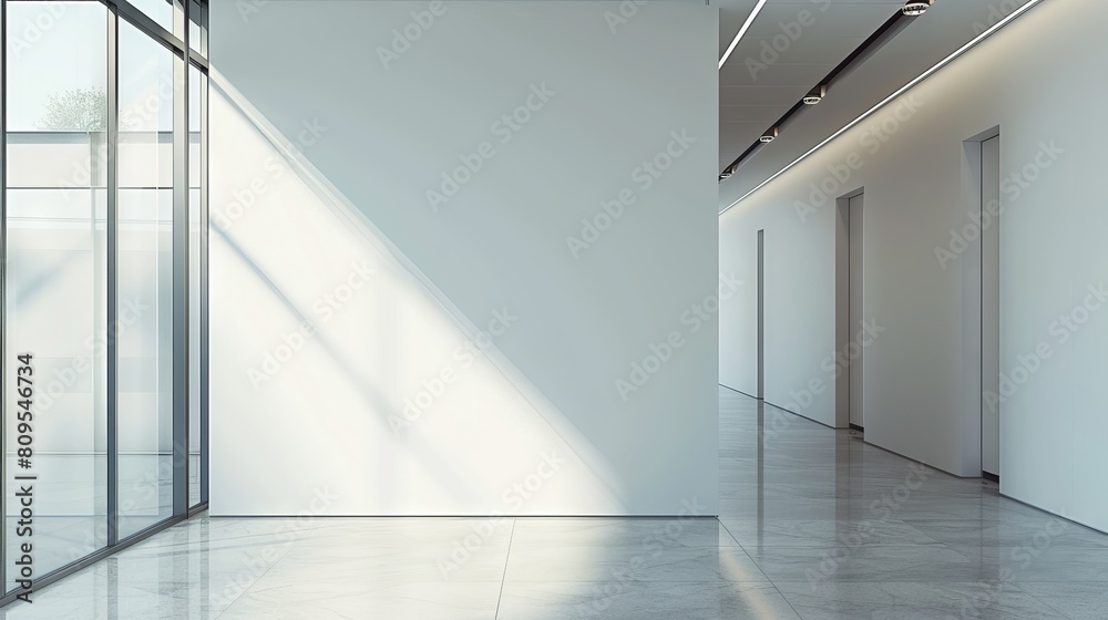 Obraz premium Spacious modern office with blank white wall and large windows for natural light - Ideal for business mockups, 3d rendered interior design