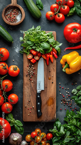 fresh vegetables around the board with knife top view  in the style of uhd image