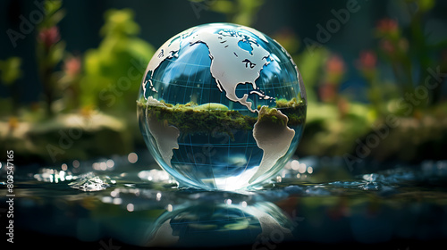 3D rendering of glass ball floating on water
