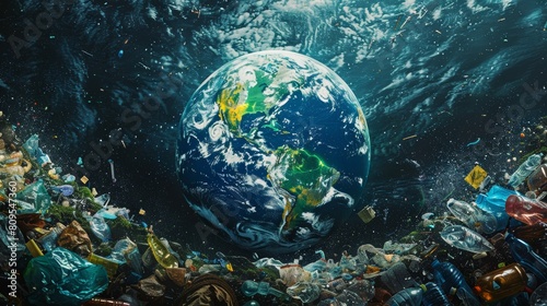 Polluted earth concept with plastic waste in ocean