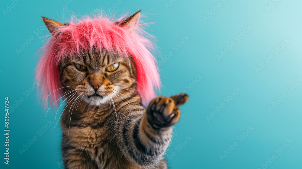 a cat wearing a pink straight wig pointing angrily at the point of view