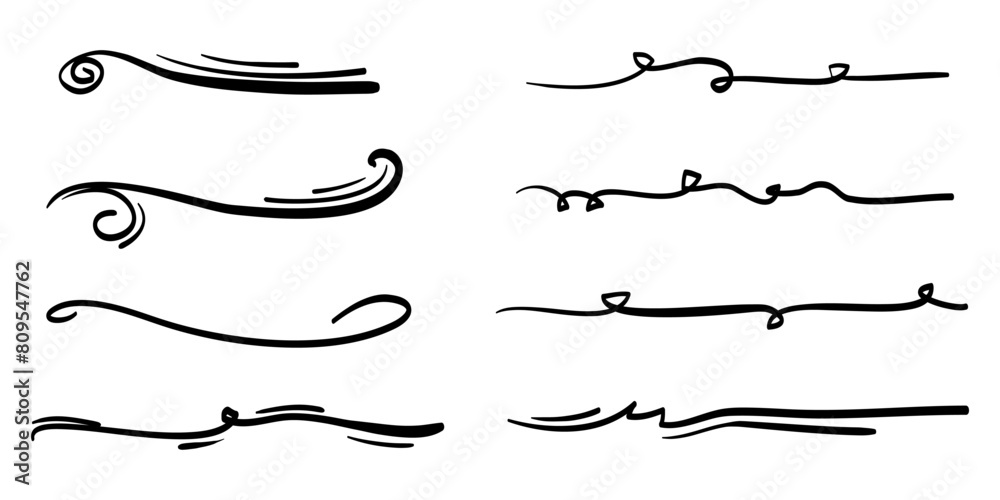 Hand drawn set of underline, curly swishes, swashes, swoops. swirl. Highlight text elements. vector illustration Hand drawn set of underline, curly swishes, swashes, swoops. swirl. Highlight text elements. vector illustration