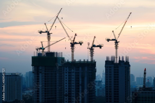 A skyline dominated by the silhouette of construction cranes, abstract  , background © Sirisook