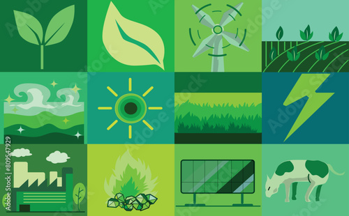 Graphic illustrations of various industries that must take care of the environment and society.