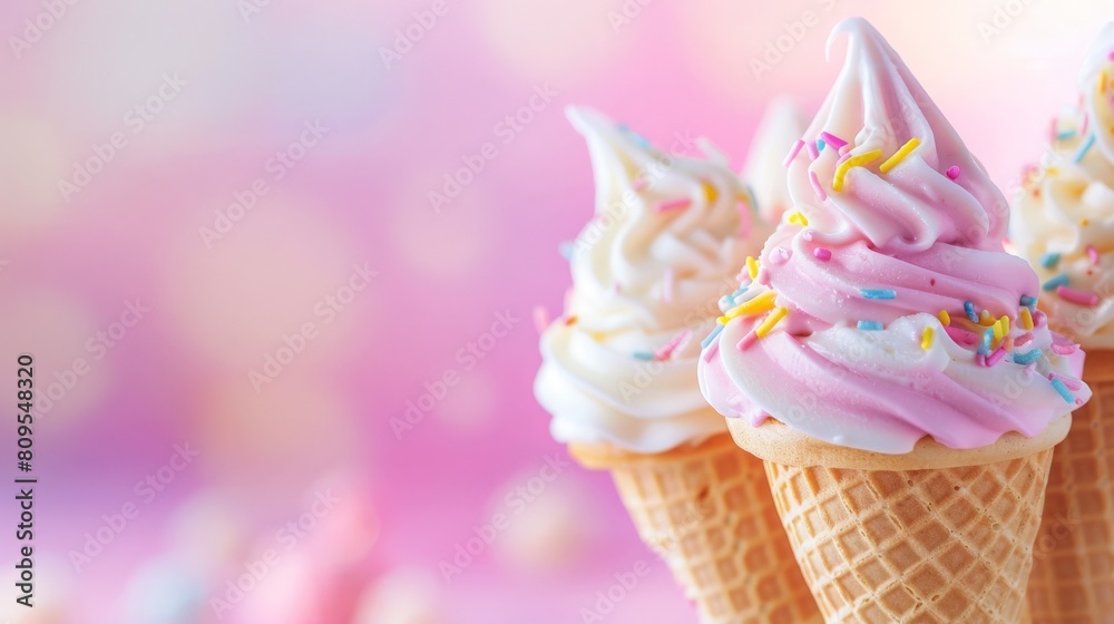 Ice cream day background copy space on the left. A closeup of ice cream cones with colorful swirls and sprinkles, set against a pastel pink background Ice cream day background copy space on the left. A closeup of ice cream cones with colorful swirls and sprinkles, set against a pastel pink background