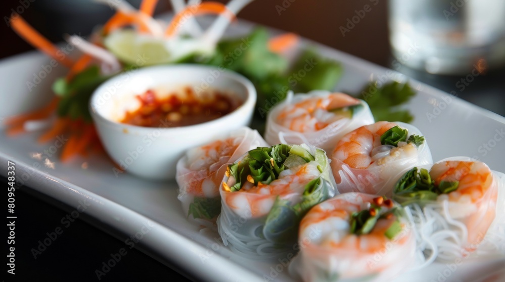 Thai spring rolls with shrimp, vermicelli and herbs, seasoned with sweet chili sauce.