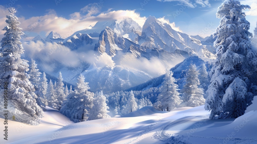 Snowy mountain with beautiful snow covered trees environment Snowy mountain with beautiful snow covered trees environment