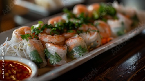 Thai spring rolls with shrimp, vermicelli and herbs, seasoned with sweet chili sauce.