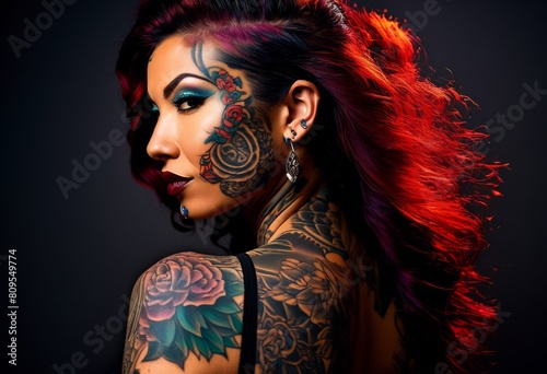 illustration, fascinating tattooed individuals portraits collection showing unique body art designs, tattoos, ink, skin, creativity, expression, style © Yaraslava