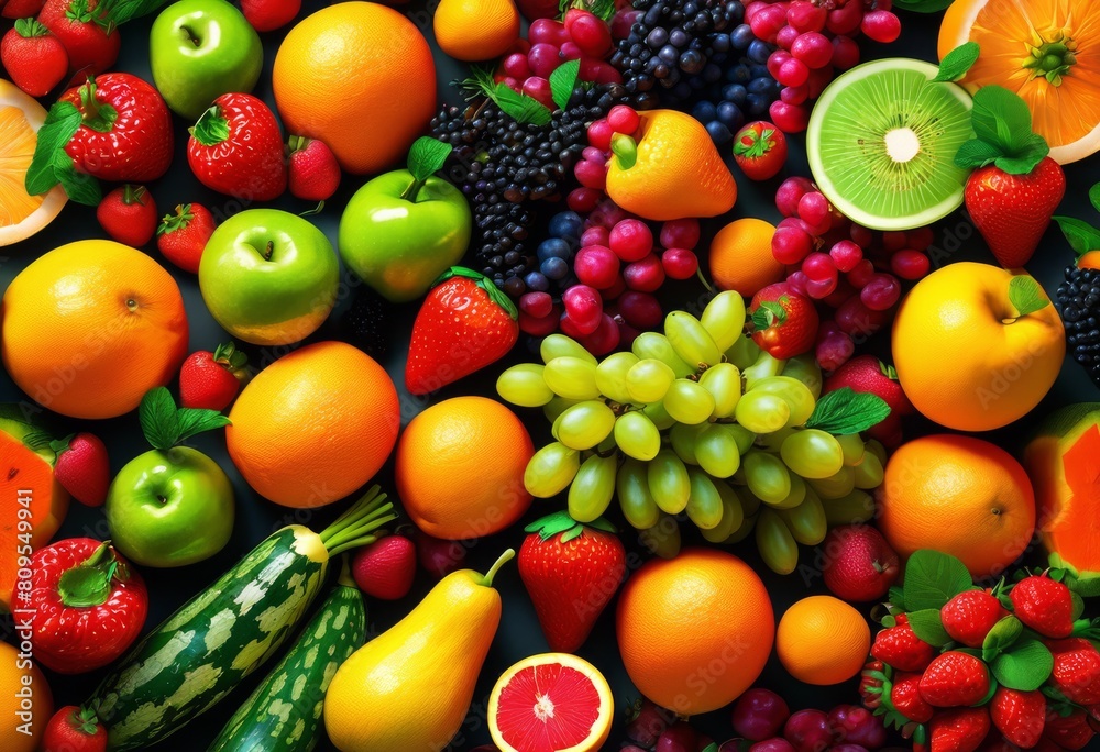 illustration, colorful fruit vegetable arrangements still life compositions, agriculture, art, beautiful, bright, citrus, corn, creative, culinary
