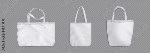 Tote bag of different shape and handle length mockup. Realistic 3d vector illustration set of white cloth canvas eco shopper. Blank fabric cotton or linen reusable shopping grocery handbag template.