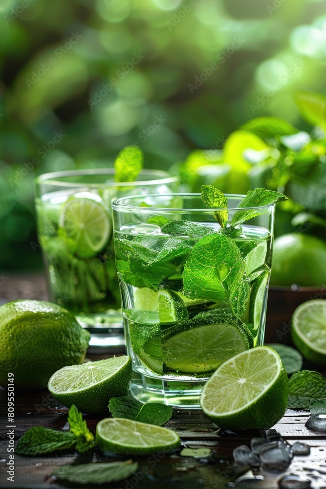 A glass of mojito tea filled with ice, garnished with fresh mint leaves and slices of lime, against a neutral background A glass of mojito tea filled with ice, garnished with fresh mint leaves and slices of lime, against a neutral background