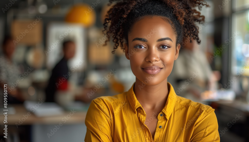 Fototapeta premium Portrait of a happy black woman working in a busy modern workplace