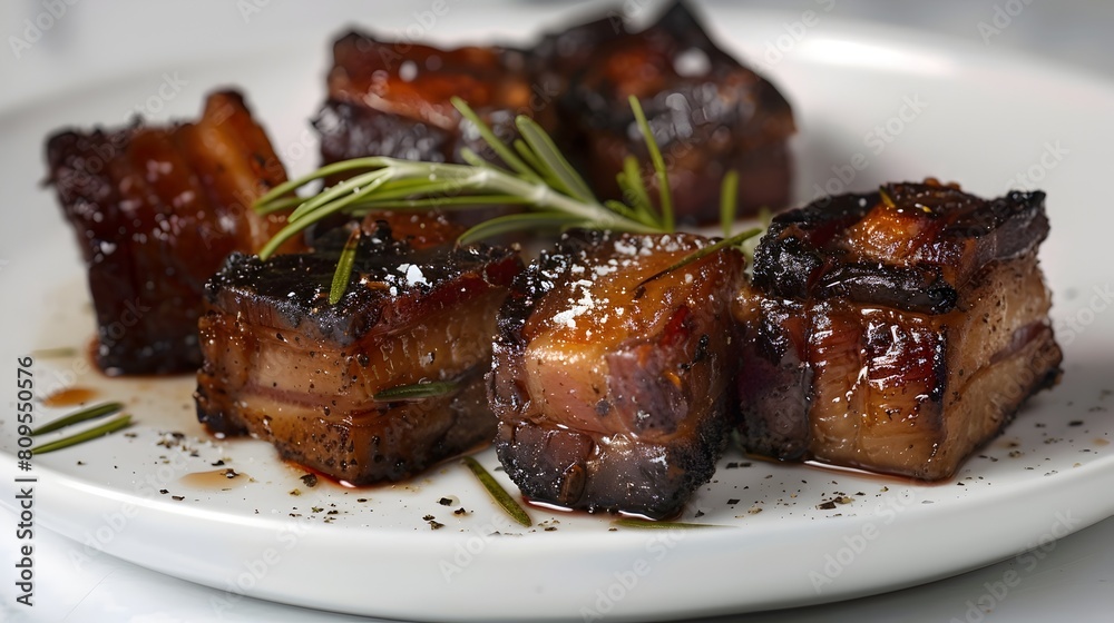 Beautifully Caramelized Pork Belly Burnt Ends on Stark White Plate with Rosemary Garnish Beautifully Caramelized Pork Belly Burnt Ends on Stark White Plate with Rosemary Garnish