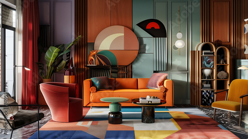 vibrant interior living room with orange sofa  red and yellow chairs  abstract rug  modern art  plants  bookshelf with various items  stylish lighting fixtures