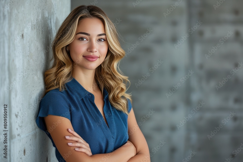 Portrait of stylish young professional woman with short blonde hair and crossed arms, vibrant office fashion Portrait of stylish young professional woman with short blonde hair and crossed arms, vibrant office fashion