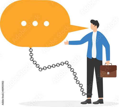 Businessman chained and shackled to a big speech bubble-Business commitment concept
