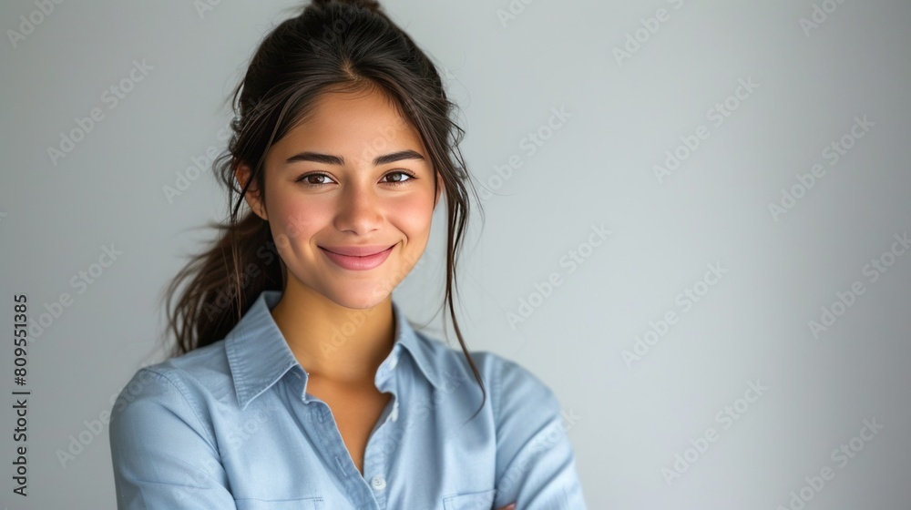 Confident and happy Latina female executive, fashionable in blue, with a joyful expression and arms crossed Confident and happy Latina female executive, fashionable in blue, with a joyful expression and arms crossed